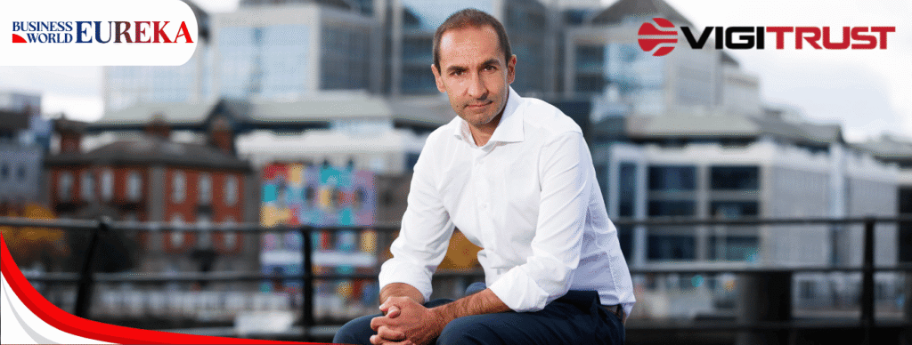 mathieu gorge vigitrust feature business world eureka Mathieu Gorge, Founder of VigiTrust, in a white shirt with an urban skyline backdrop, featured in Business World Eureka’s article on data security leadership.