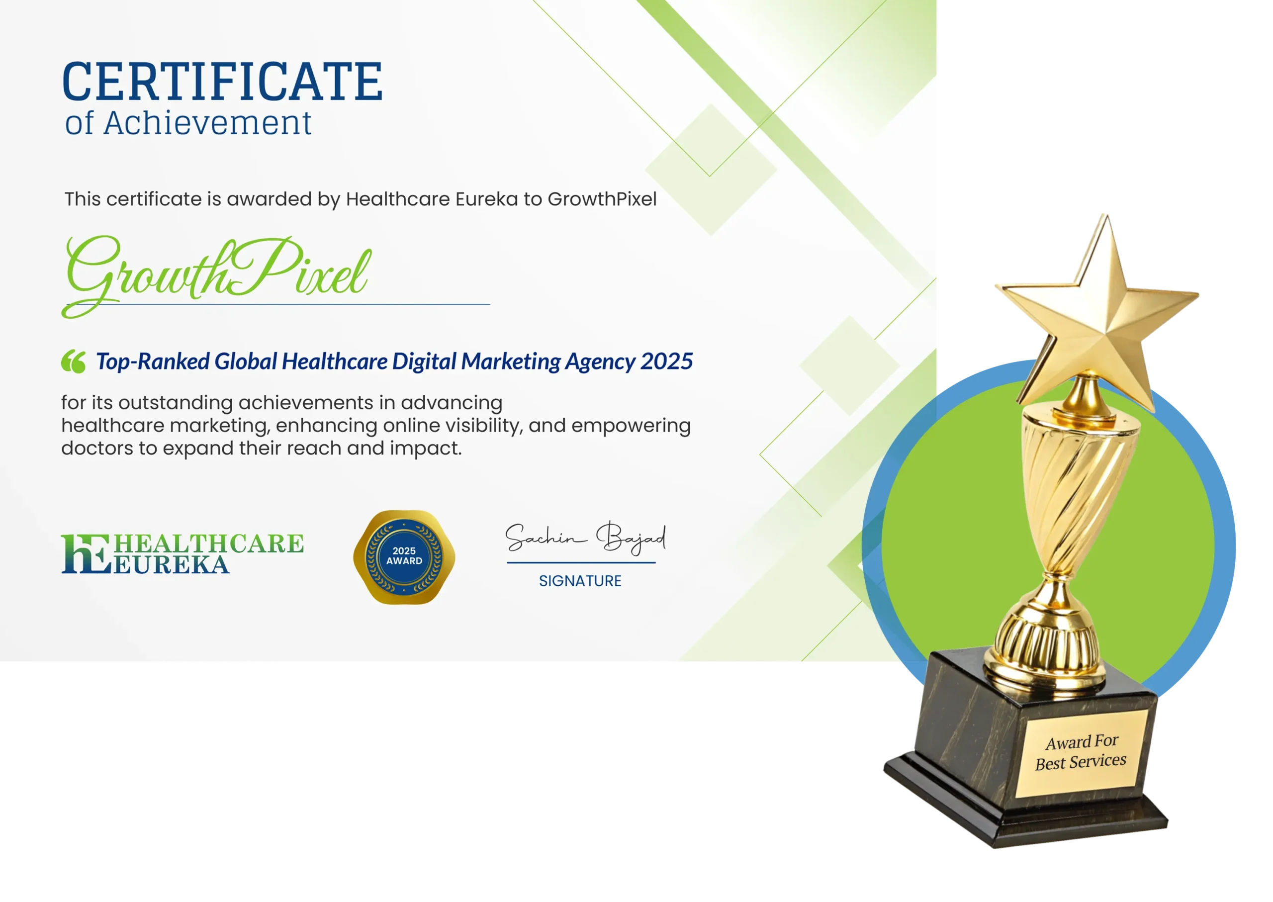 Certificate awarded to GrowthPixel by Healthcare Eureka for being the Top-Ranked Global Healthcare Digital Marketing Agency 2025