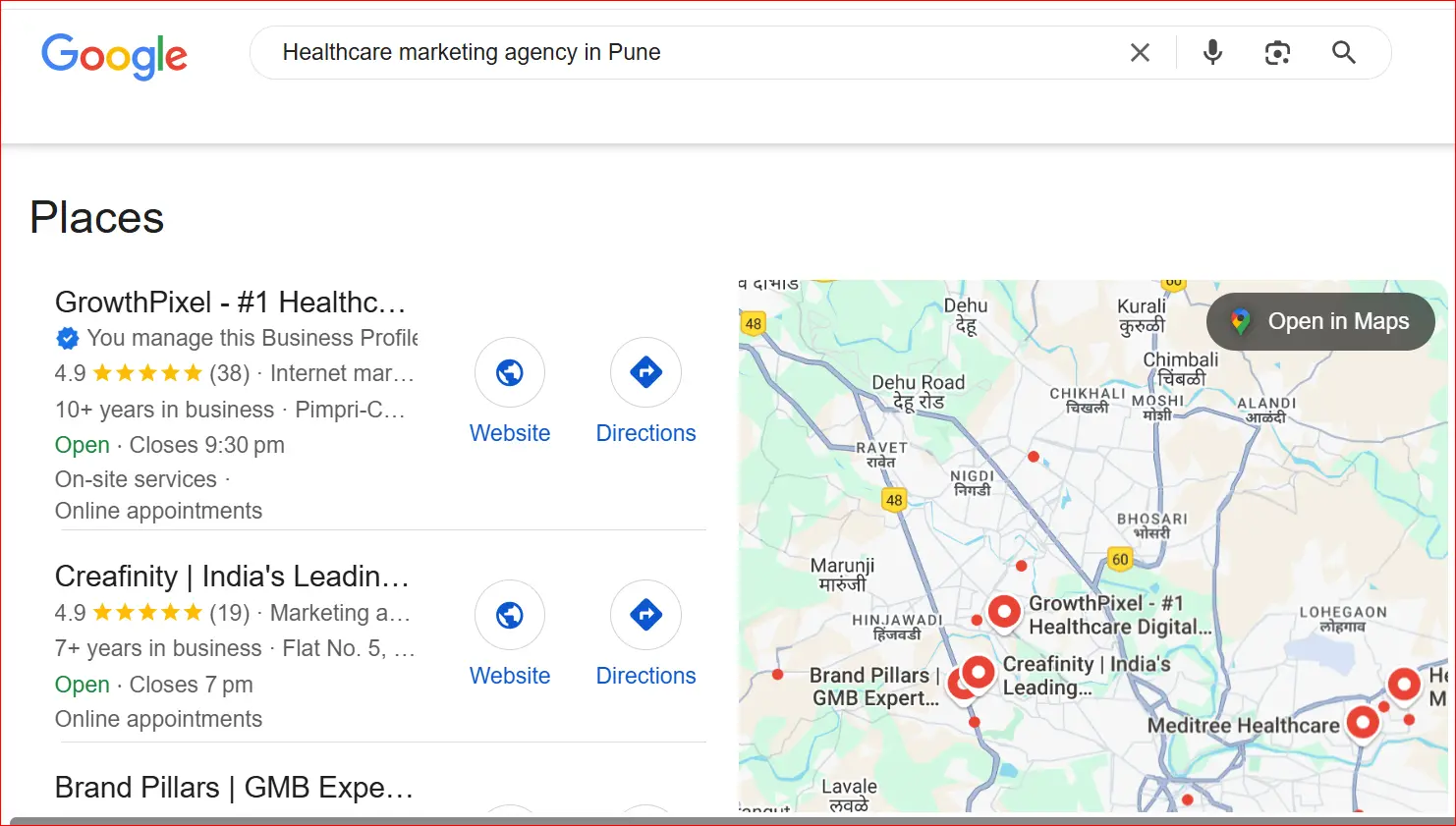 Google local search result showing GrowthPixel as the top-rated healthcare marketing agency in Pune with a 4.9-star rating