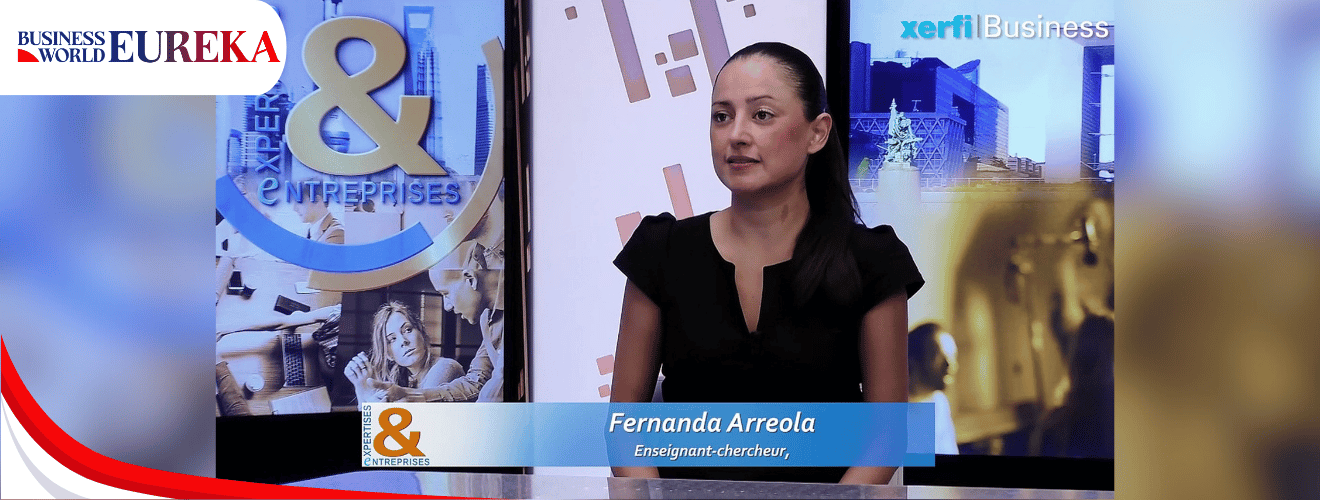 Fernanda Arreola during a professional business interview on Xerfi Business, discussing innovation and entrepreneurship.