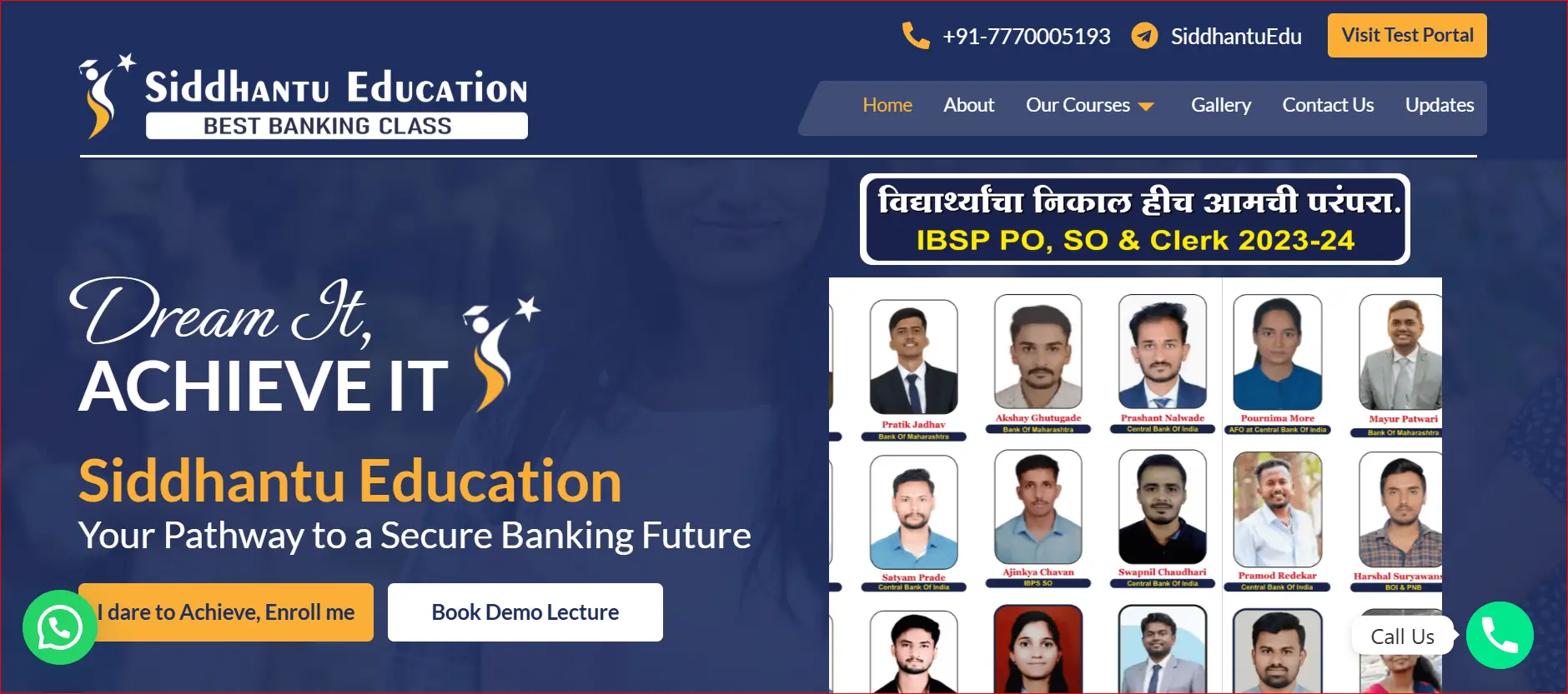 Siddhantu Education Pune homepage banner featuring successful banking exam students
