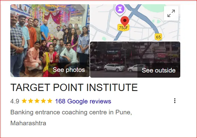 Target Point Institute Pune Google Business listing showing team photo and location map for banking entrance coaching