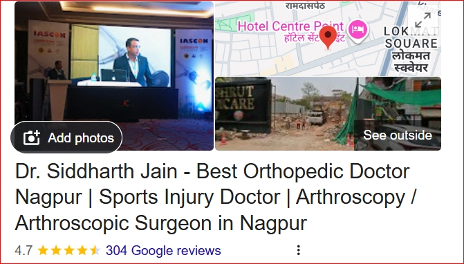 Google Business Profile listing of Dr. Siddharth Jain, best orthopedic and arthroscopic surgeon in Nagpur